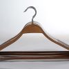 OEM multifunctional classical Walnut wooden garment hangers , wide shoulder design for coat, heavy duty design for sweater, space saving,durable, middle line white color show its feature, non slipper slap on shoulder, smooth surface, anti rust hardware, flat shape, surface show wood grain.