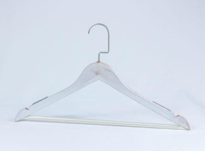 Distressed washed white clothes wooden hanger,square pearly nickle hook,looking essentially last for long time,suit for boutique shop's visual merchandising