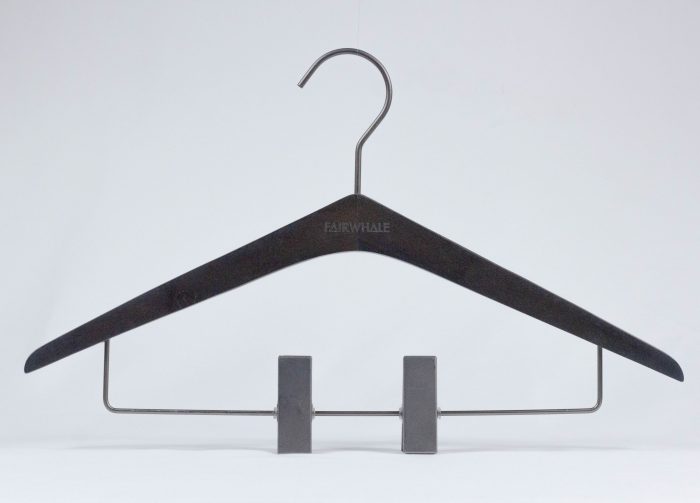 Triangle shape wooden clothes hanger with clips,Triangle special custom shape,engraving logo support,Pantone chocolate color bespoken,with gun metal components