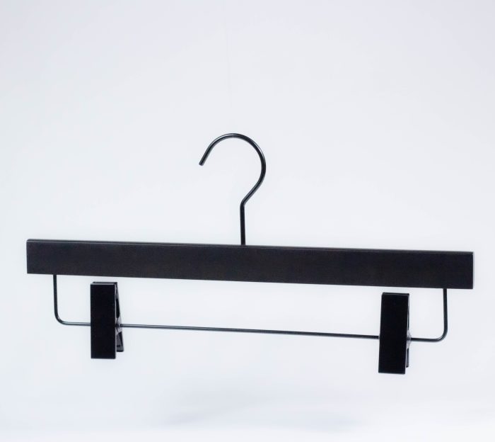 black wood pants bottom hanger with black clips,support any PMS color custom,design for China civil fashion brand,pu coating eco-friendly to skin,heavy duty