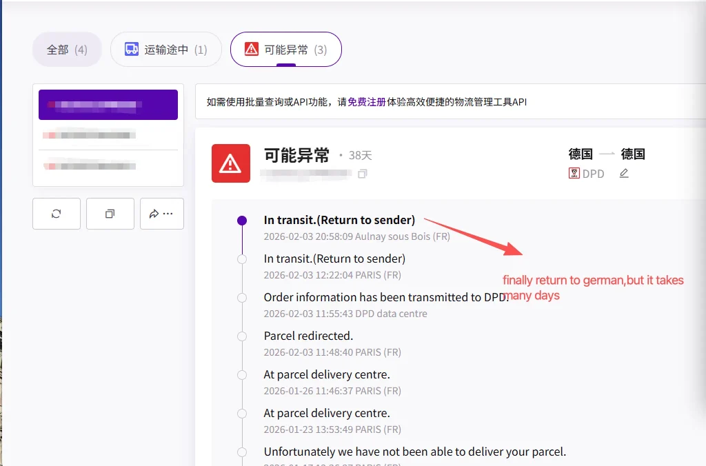 Final tracking update showing "Return to Sender", exposing the limitations of standard customs clearance services in handling exceptions.