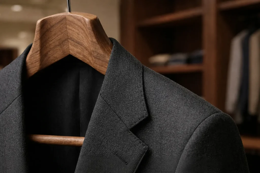 Wide flared shoulder of a premium solid wood hanger designed to minimize wood hanger moisture while providing structural load distribution for a tailored wool suit jacket.